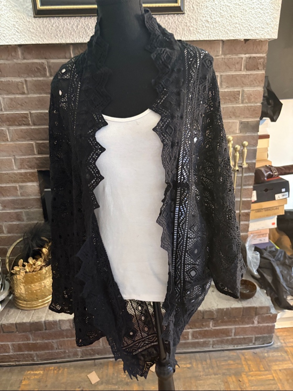 Jen's Pirate Booty Black Crochet Open Cardigan Shrug